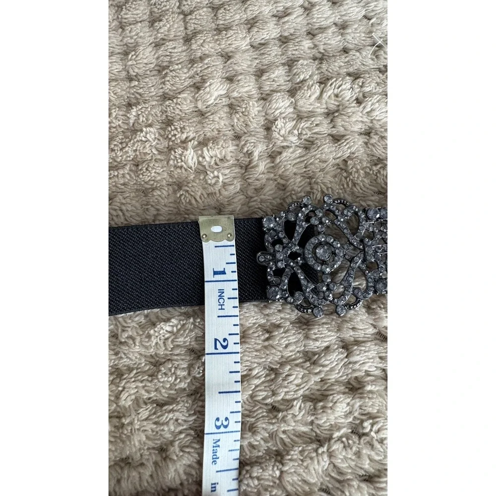 BCBG MAXAZRIA Black Platinum Rhinestone Medallion Elastic Belt | OS